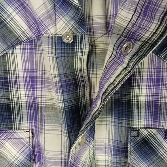 Vintage Wrangler Western Plaid Short Sleeve Shirt Pearl Snap Front Size M Purple - Picture 5 of 7